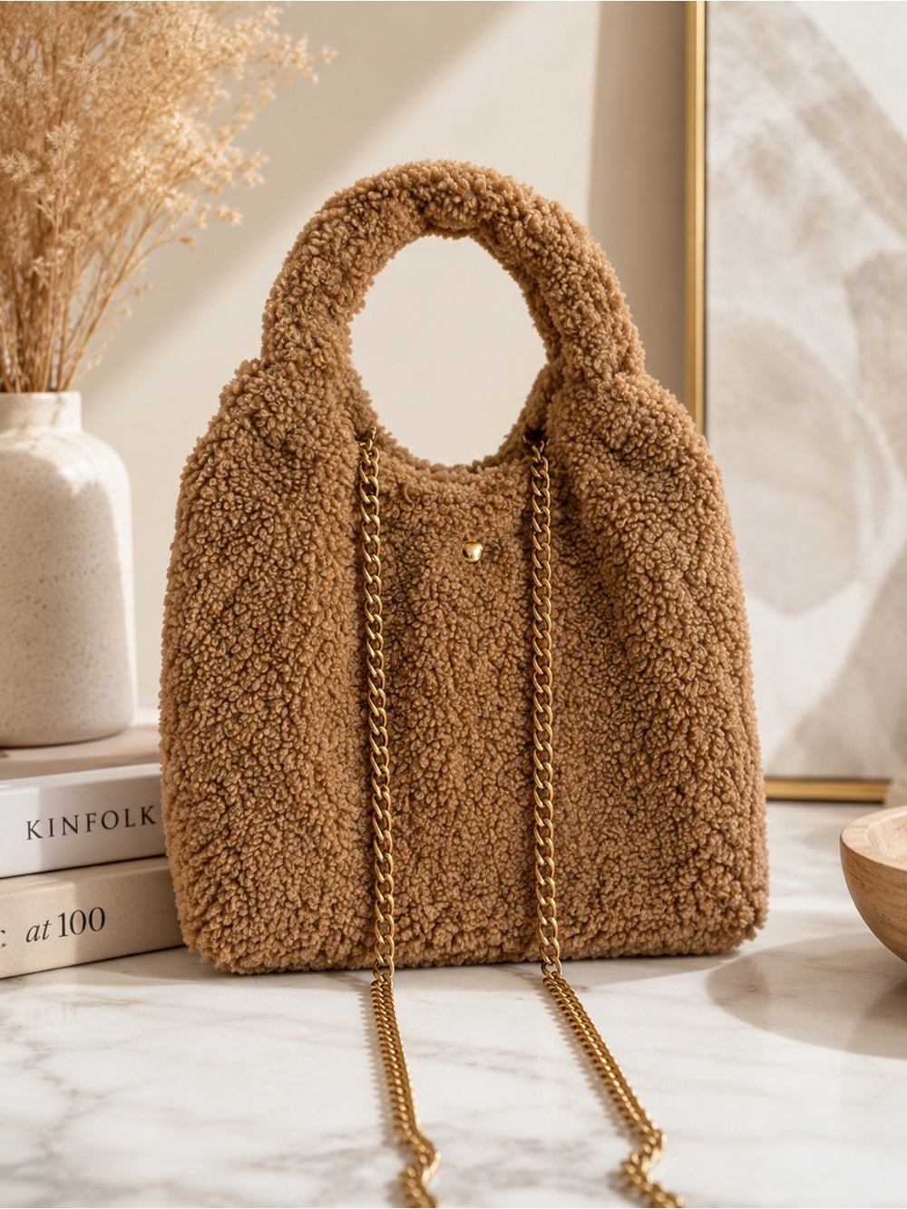 Teddy Faux-Shearling Shoulder Bag in Camel